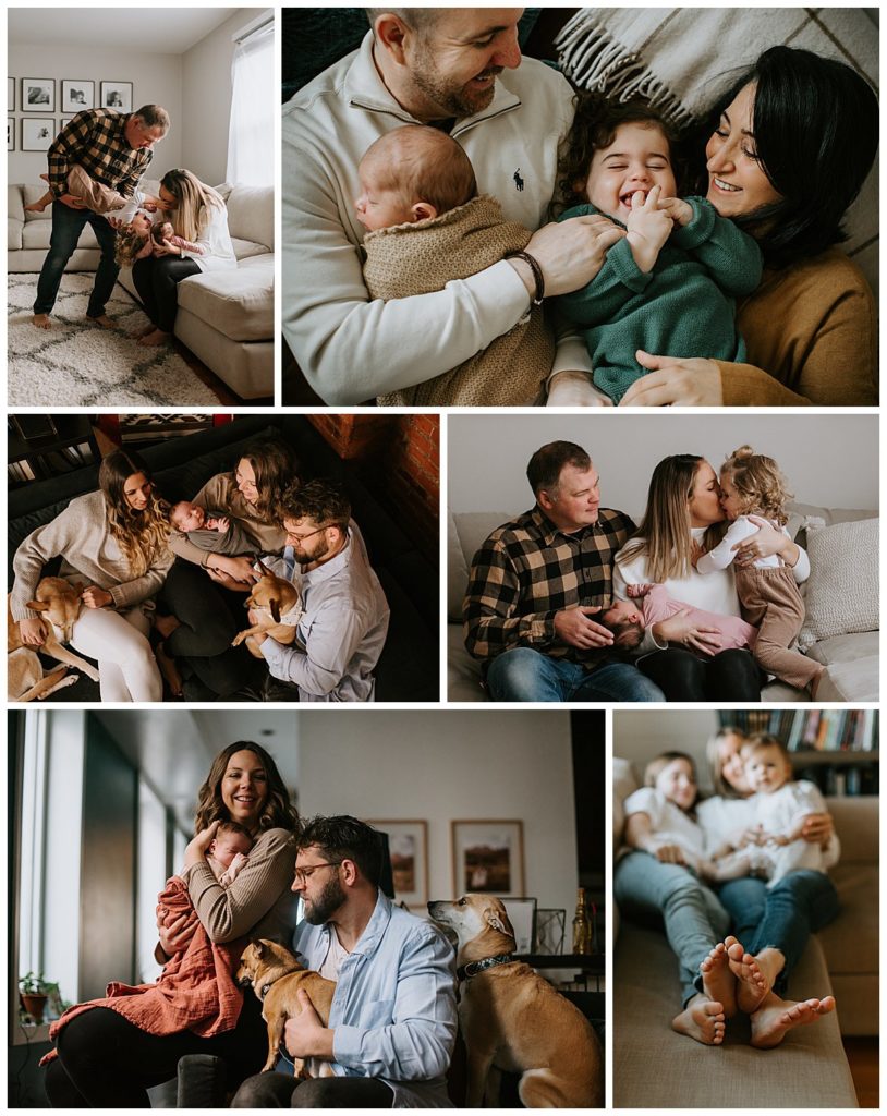 A collage of families in their own living rooms.  Candid, lifestyle newborn and family photography to show case at home photography sessions.  Steph Kines Photo