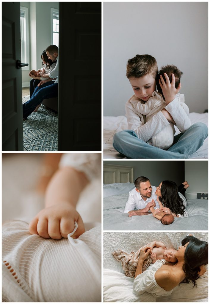 A collage of couples and families in the master bedroom.  Candid, lifestyle newborn and family photography to show case at home photography sessions.  Steph Kines Photo