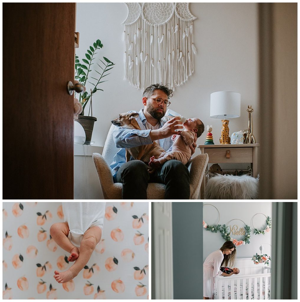 A collage of families in the nursery.  Candid, lifestyle newborn and family photography to show case at home photography sessions.  Steph Kines Photo