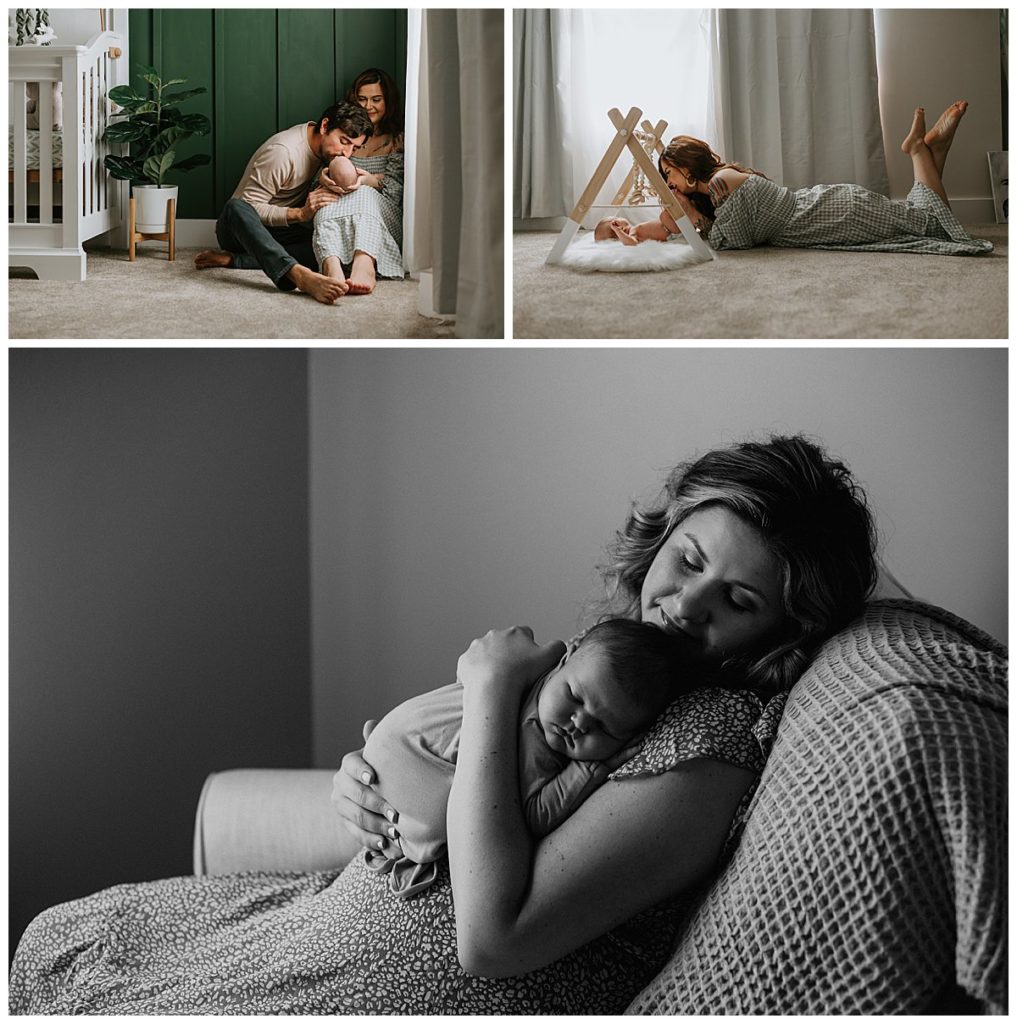 A collage of families in the nursery.  Candid, lifestyle newborn and family photography to show case at home photography sessions.  Steph Kines Photo
