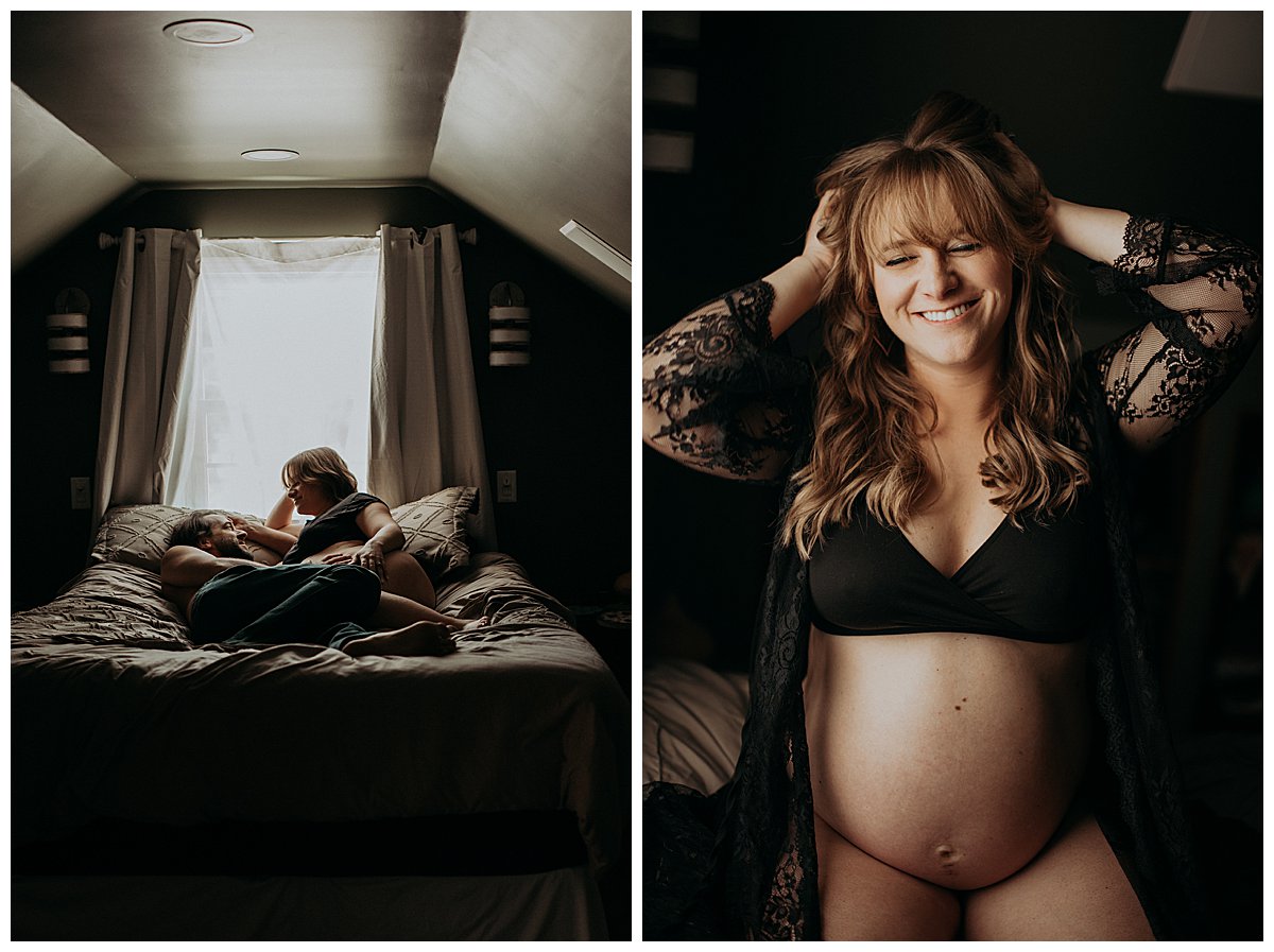 A side by side collage of the a couple expecting a baby. They are in the in the master bedroom, a place of low light. Moody, sexy, maternity photography