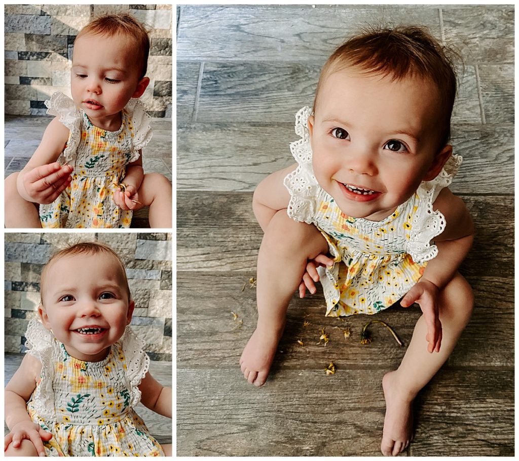 A collage of a toddler girl playing with a dandelion in her basement.  The collage shows how to use natural light in your own home to take better pictures with your smartphone.