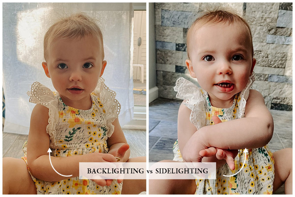 At home indoor photography.  Understanding back light vs side light when using your smartphone to take pictures inside.  A comparison of two images of a little toddler girl in a sundress showcasing the difference between side light and back light.