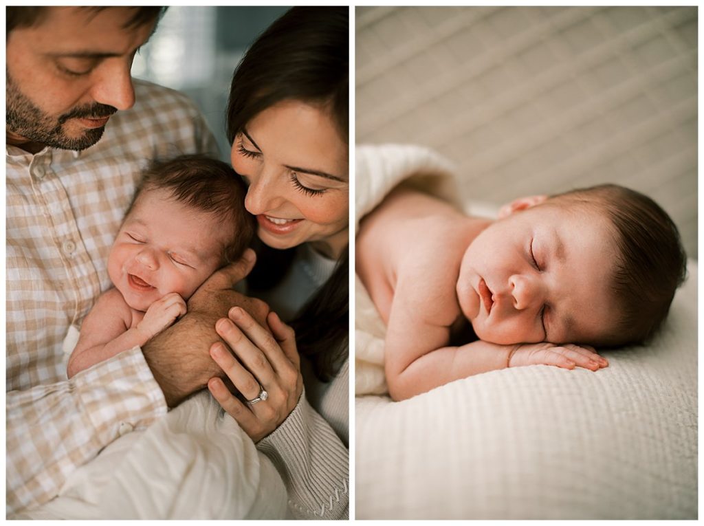 Indoor Newborn Photography Session on the Main Line.  Sleeping newborn boy being held by his parents.