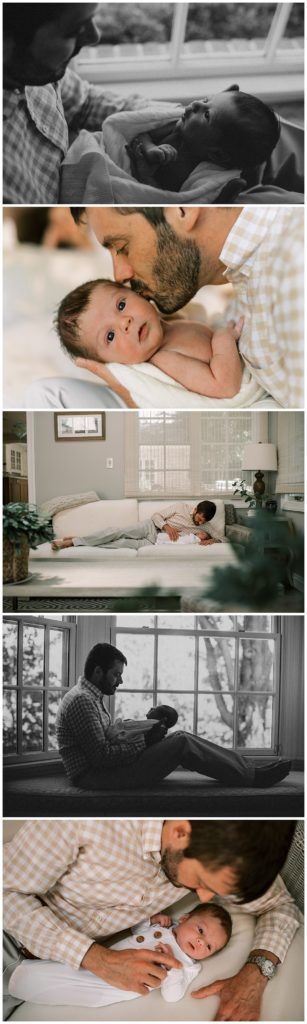 A series of images of a newborn boy relaxing and playing with his father during an indoor Newborn Photography Session on the Main Line.