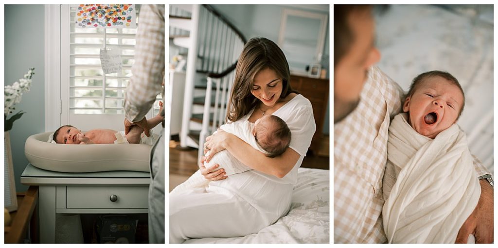 Lifestyle imagery of a newborn with his parents during an indoor Newborn Photography Session on the Main Line.