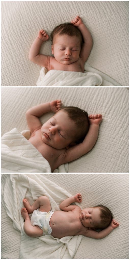 Indoor Newborn Photography Session on the Main Line. Newborn stretches on couch with wrap.