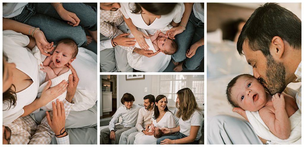 Indoor Newborn Photography Session on the Main Line. Collage of family images holing their newest baby.