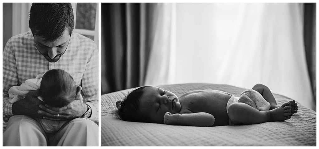 Indoor Newborn Photography Session on the Main Line. Black and white images of a newborn boy with his father