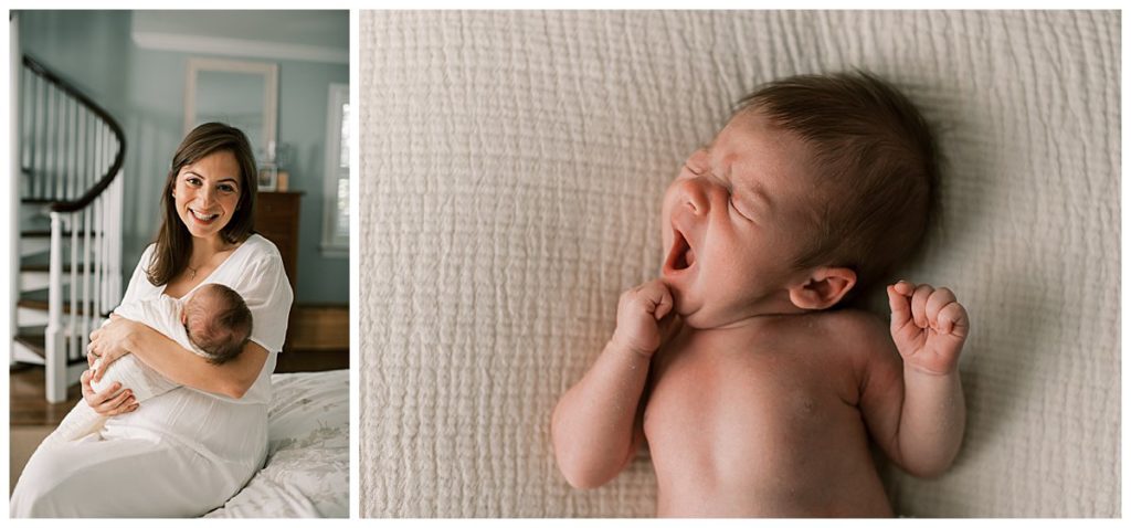 Indoor Newborn Photography Session on the Main Line. A newborn boy photographed in his parents bedroom yawning.