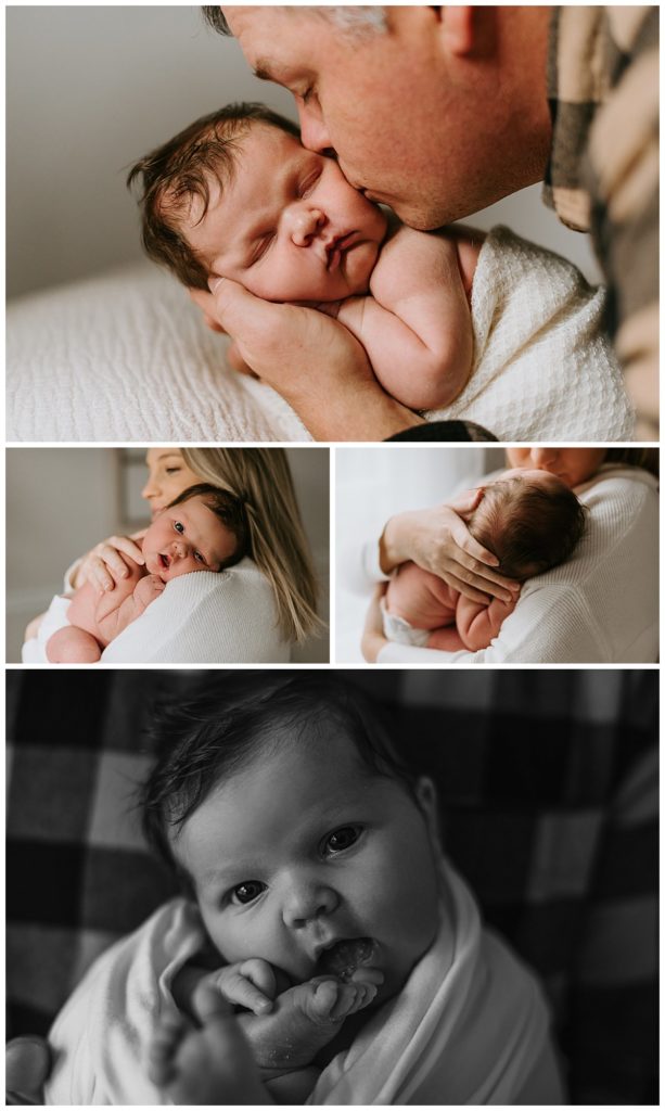 Close up detail shots of a posed newborn in the arms of her Mother and her father in her own house during her indoor newborn photography session in Philadelphia Pennsylvania