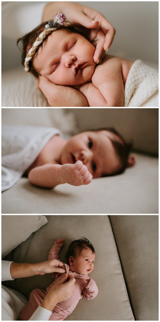 Newborn Portraits of a new baby girl on her couch during her indoor newborn photography session in Philadelphia Pennsylvania