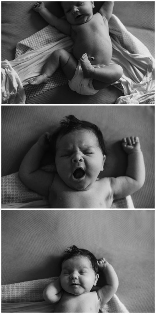 Black and white detail shots of a newborn girl in the living room of her house during her indoor newborn photography session in Philadelphia Pennsylvania