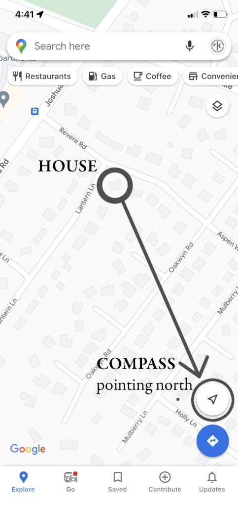 A screenshot of a google maps to help someone identify their north facing windows by using the compass tool on their maps.