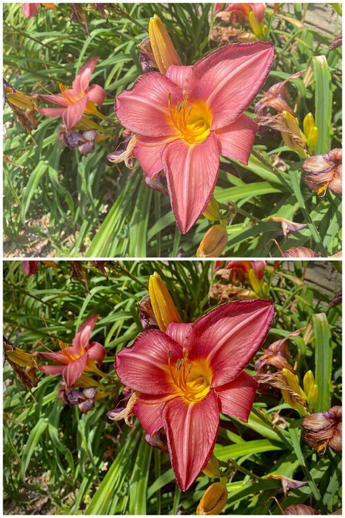Before and after pictures of editing in the bright, midday sun.