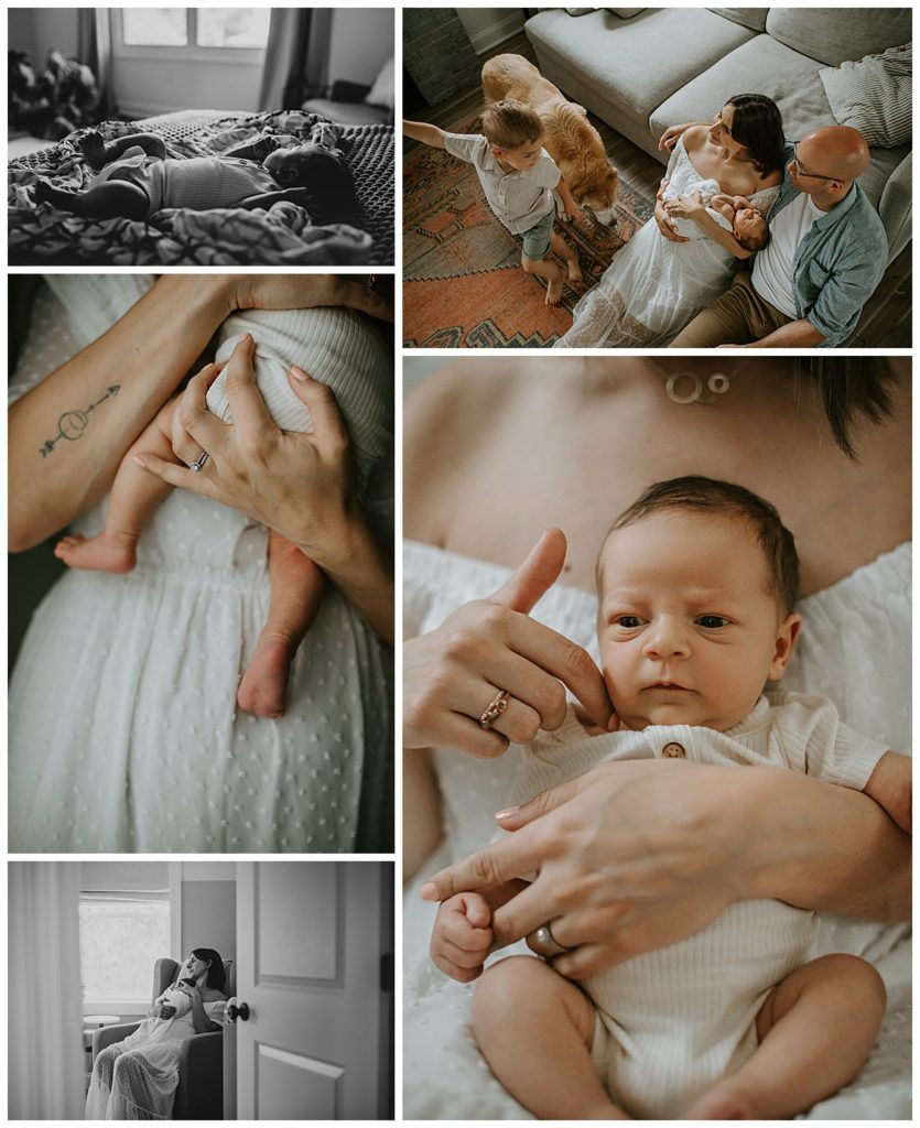 Lifestyle imagery of a Philadelphia family in their own living room and bedroom as they welcome their newborn baby boy.