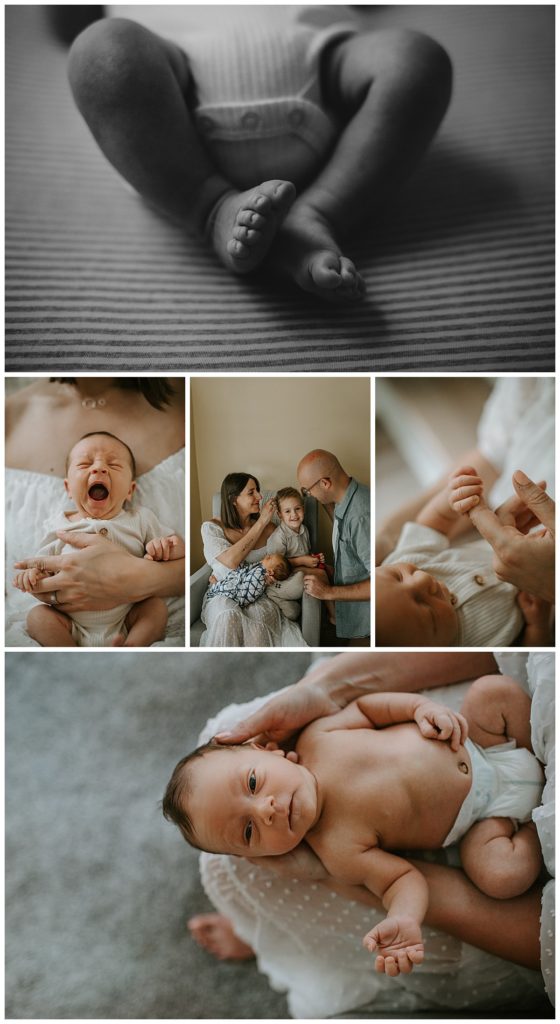Lifestyle Family Portraits on The Main Line Philadelphia. The details of a newborn captured.  Black and white toe images, little fingers, hands and newborn expressions.