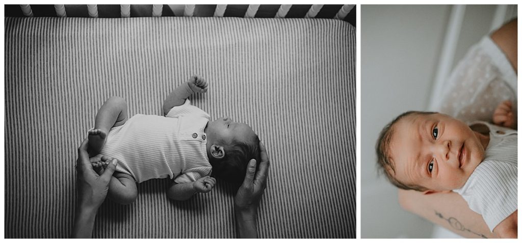 Newborn boy photographed in his nursery during a Lifestyle Family Photography session on The Main Line Philadelphia. 