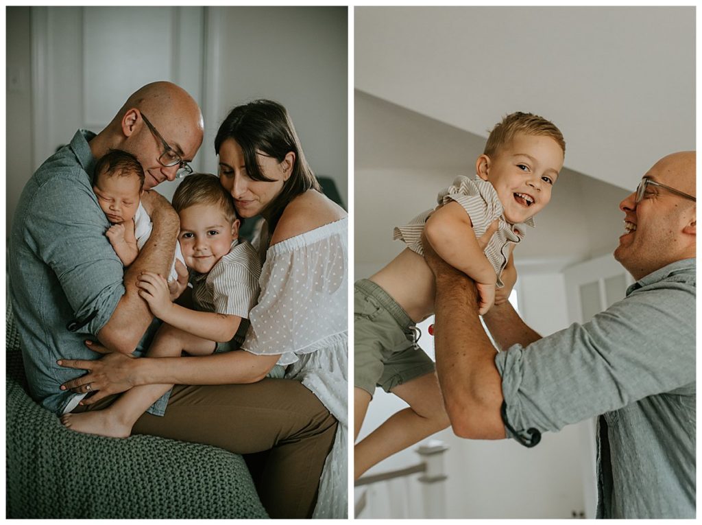 A mix of family photography and newborn photography during a natural lifestyle newborn photography session in Philadelphia.  A family plays together and embraces one another in their own home.