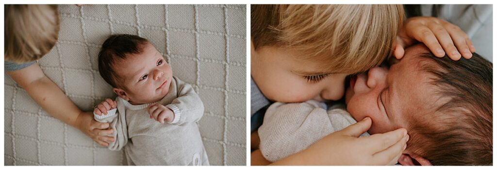 Playful Newborn Sibling  Photos at Home with toddler and new baby hugging 