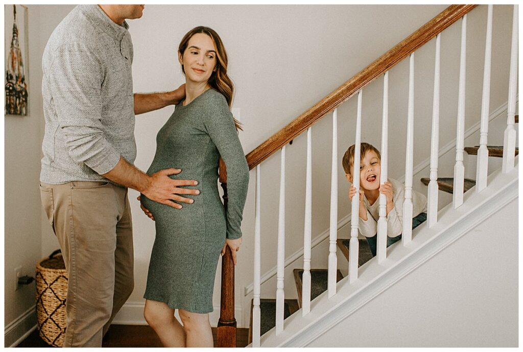 At Home Maternity Photos with a Toddler and Dog