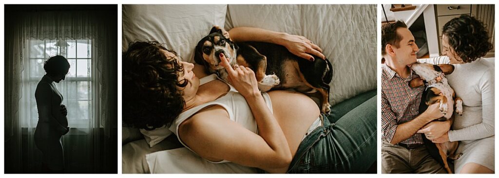An expecting coupled their dog pose for Candid Maternity and Newborn Photos