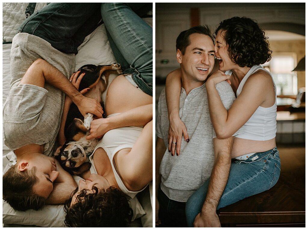 An expecting couple holding each other for Candid Maternity and Newborn Photos
