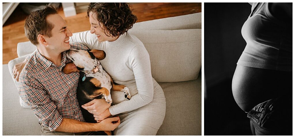An expecting couple holding each other for Candid Maternity and Newborn Photos