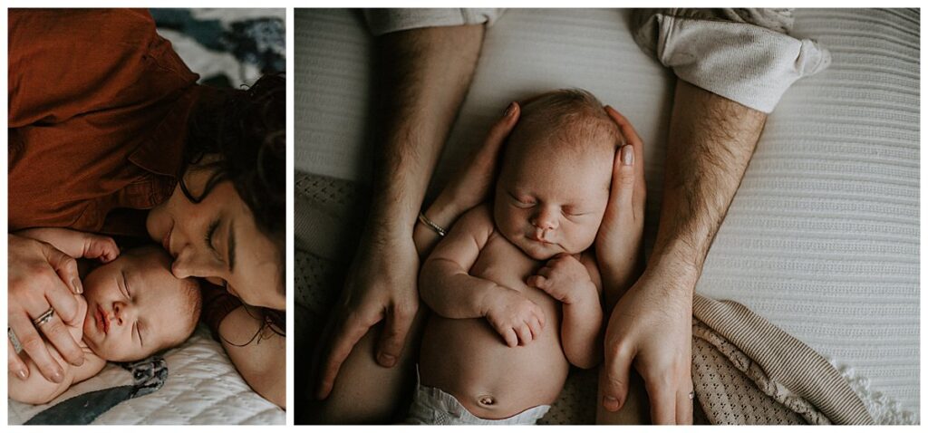 New parents kiss and hold newborn baby for Candid Maternity and Newborn Photos
