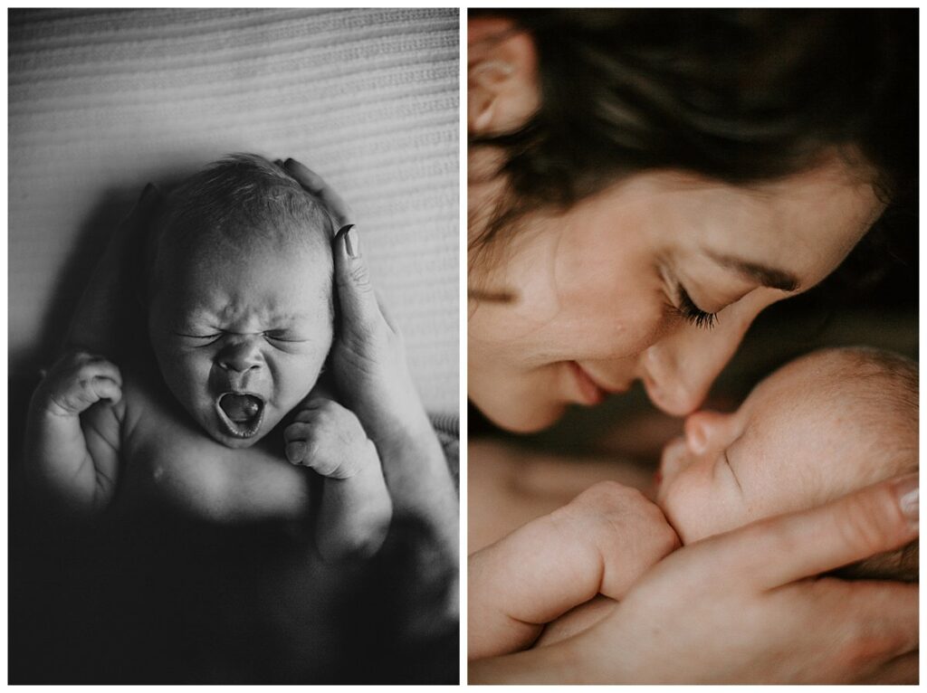 New parents kiss and hold newborn baby for Candid Maternity and Newborn Photos