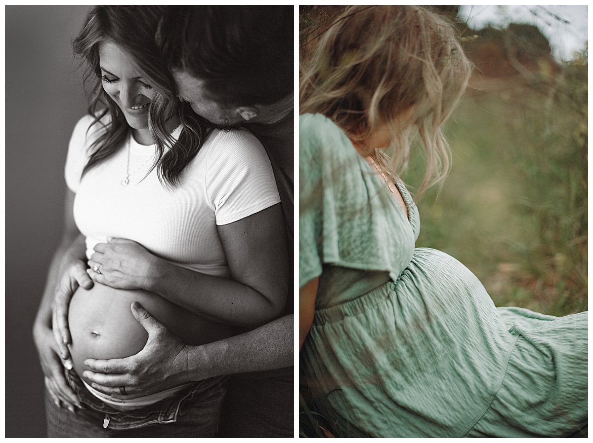 Couple poses for indoor and outdoor maternity photos