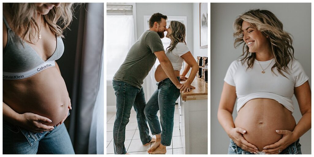 Couple poses in kitchen for Calvin Klein Inspired Maternity Photos