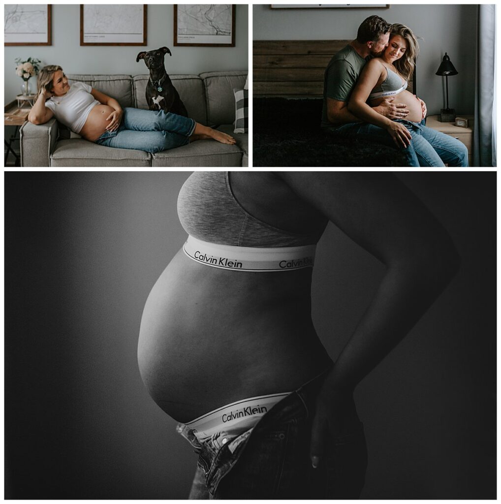 couple poses in their home for maternity photos