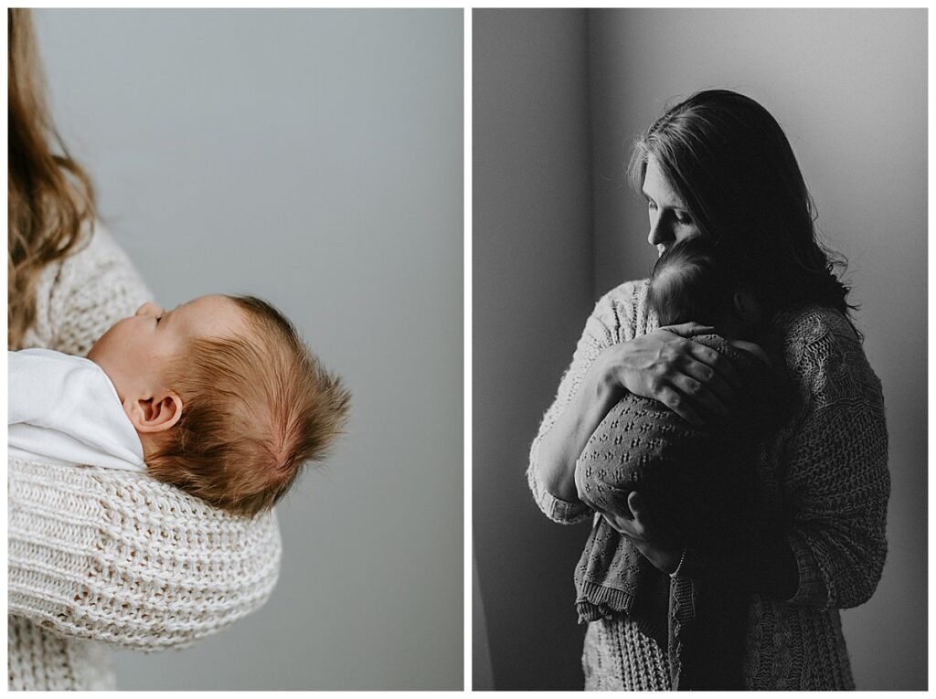 newborn poses on mom indoor home photography session