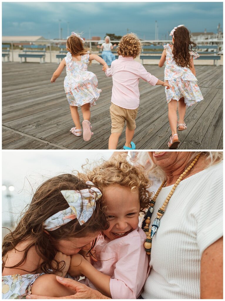 grandchildren running to grandma at the shore for family photoshoot