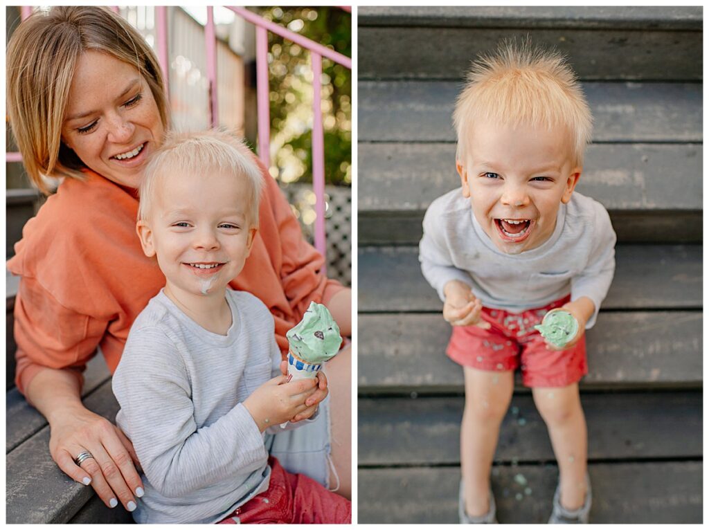 Ice cream fun with mom- eating ice cream at the shore for family photography session Mother and son eat ice cream together for their family photos with Steph Kines Photo