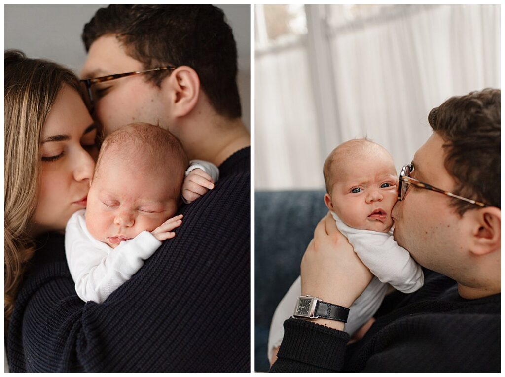 kissing newborn baby at home